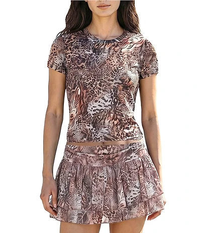 Stevie By Steve Madden Animal Print Mesh Crew Neck Printed Tee