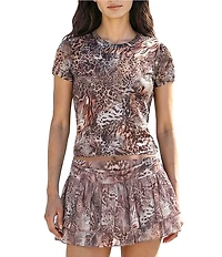 Stevie By Steve Madden Animal Print Mesh Crew Neck Printed Tee