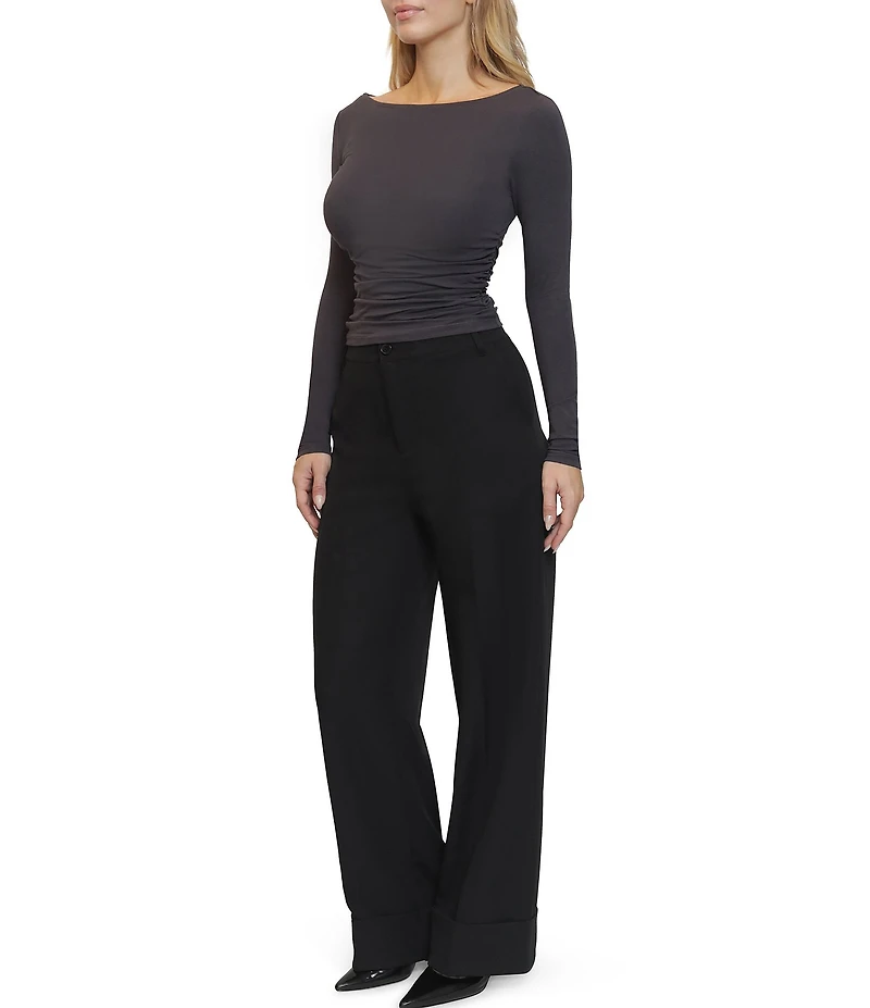 Stevie by Steve Madden Boat Neck Side Ruched Long Sleeve Top
