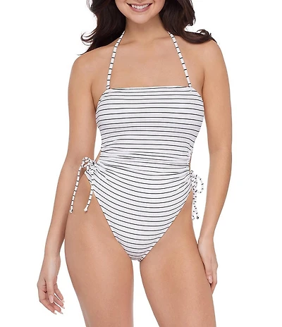 Stevie by Steve Madden Boat Stripe Cut-Out Tie Side Bandeau One Piece Swimsuit