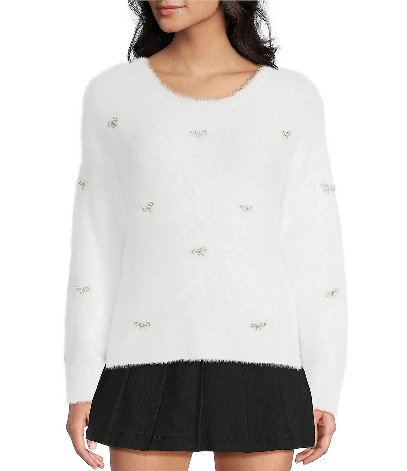 Stevie by Steve Madden Eyelash Rhinestone Bow Long Sleeve Sweater