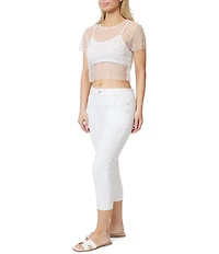 Stevie by Steve Madden Faux Pearl Stone Embellished Sheer Mesh Short Sleeve Crop Top