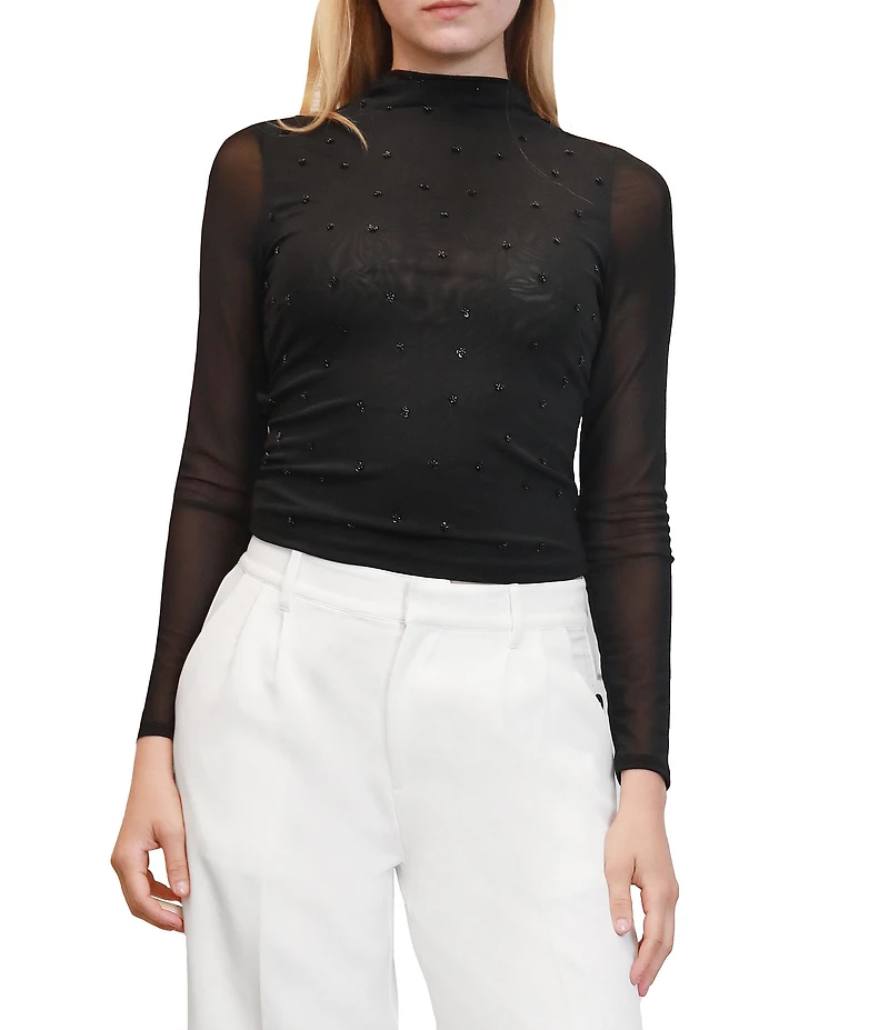 Stevie by Steve Madden Floral Embellished Funnel Neck Long Sleeve Top