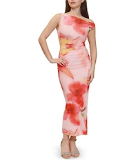 Stevie By Steve Madden Floral Printed Asymmetric Off The Shoulder Ruched Maxi Dress