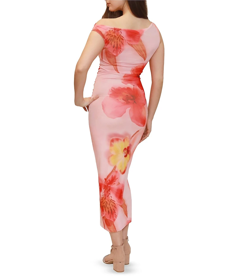 Stevie By Steve Madden Floral Printed Asymmetric Off The Shoulder Ruched Maxi Dress