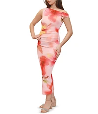 Stevie By Steve Madden Floral Printed Asymmetric Off The Shoulder Ruched Maxi Dress