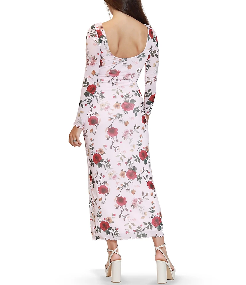 Stevie by Steve Madden Floral Printed Boat Neck Long Sleeve Low Back Ruched Dress