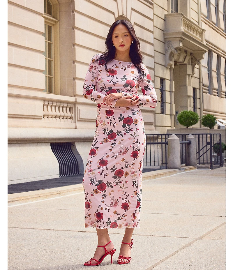 Stevie by Steve Madden Floral Printed Boat Neck Long Sleeve Low Back Ruched Dress