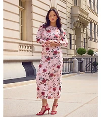 Stevie by Steve Madden Floral Printed Boat Neck Long Sleeve Low Back Ruched Dress