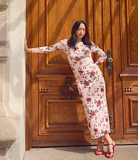 Stevie by Steve Madden Floral Printed Boat Neck Long Sleeve Low Back Ruched Dress