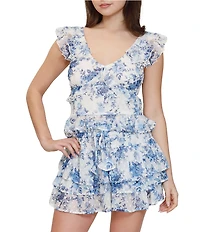 Stevie by Steve Madden Floral Printed Clip Dot V-Neck Ruffled Baby Doll Top