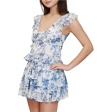 Stevie by Steve Madden Floral Printed Clip Dot V-Neck Ruffled Baby Doll Top