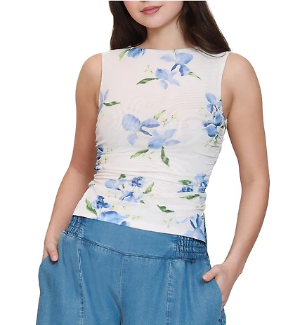 Stevie by Steve Madden Floral Printed Mesh Boat Neck Sleeveless Top