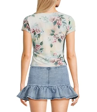 Stevie by Steve Madden Floral Printed Mesh Crew Neck Short Sleeve T-Shirt