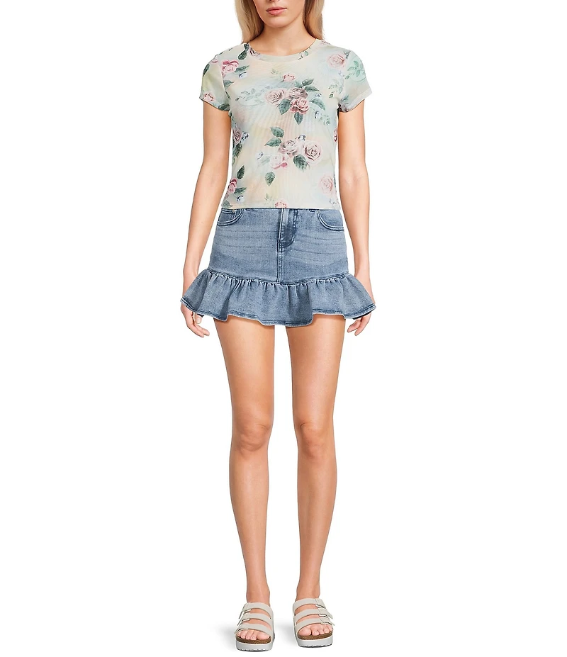 Stevie by Steve Madden Floral Printed Mesh Crew Neck Short Sleeve T-Shirt