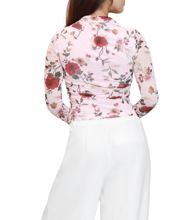 Stevie by Steve Madden Floral Printed Mock Neck Pleated Long Sleeve Top