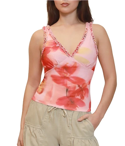 Stevie By Steve Madden Floral Printed Sleeveless Ruffle V-Neck Tank