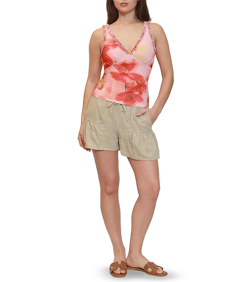 Stevie By Steve Madden Floral Printed Sleeveless Ruffle V-Neck Tank
