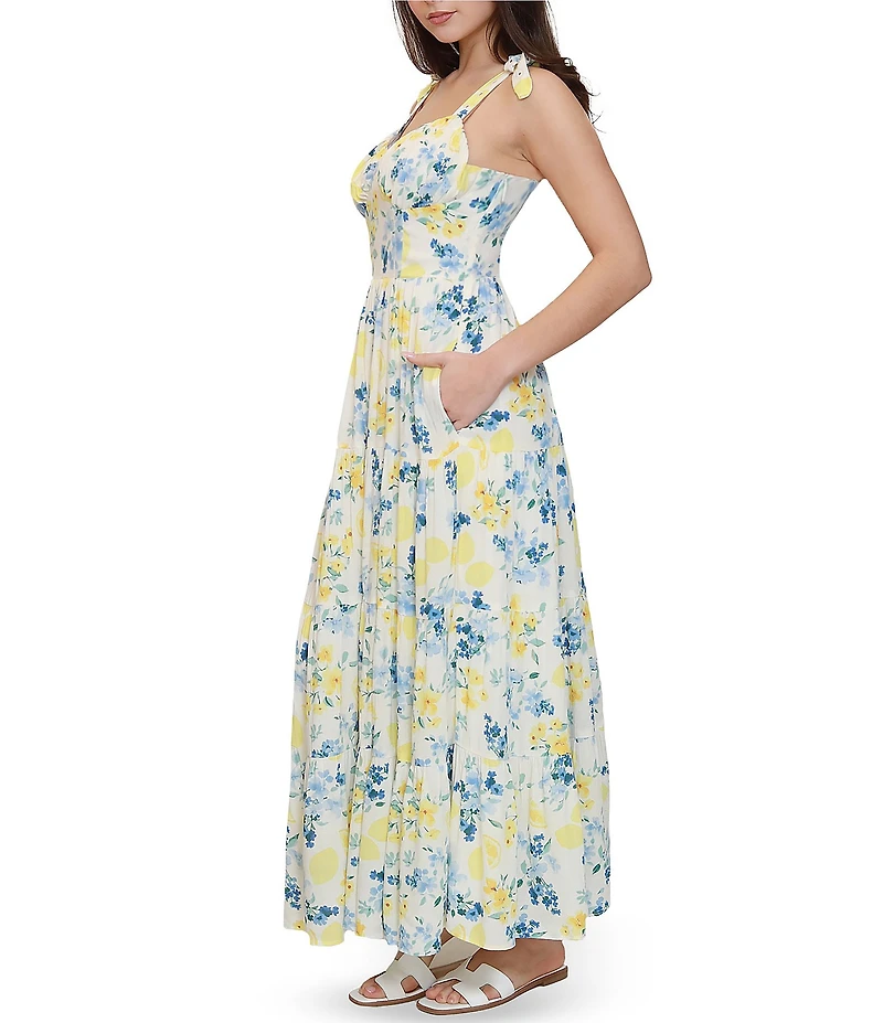 Stevie by Steve Madden Floral Printed Sweetheart Neck Tie Shoulder Tiered Maxi Dress