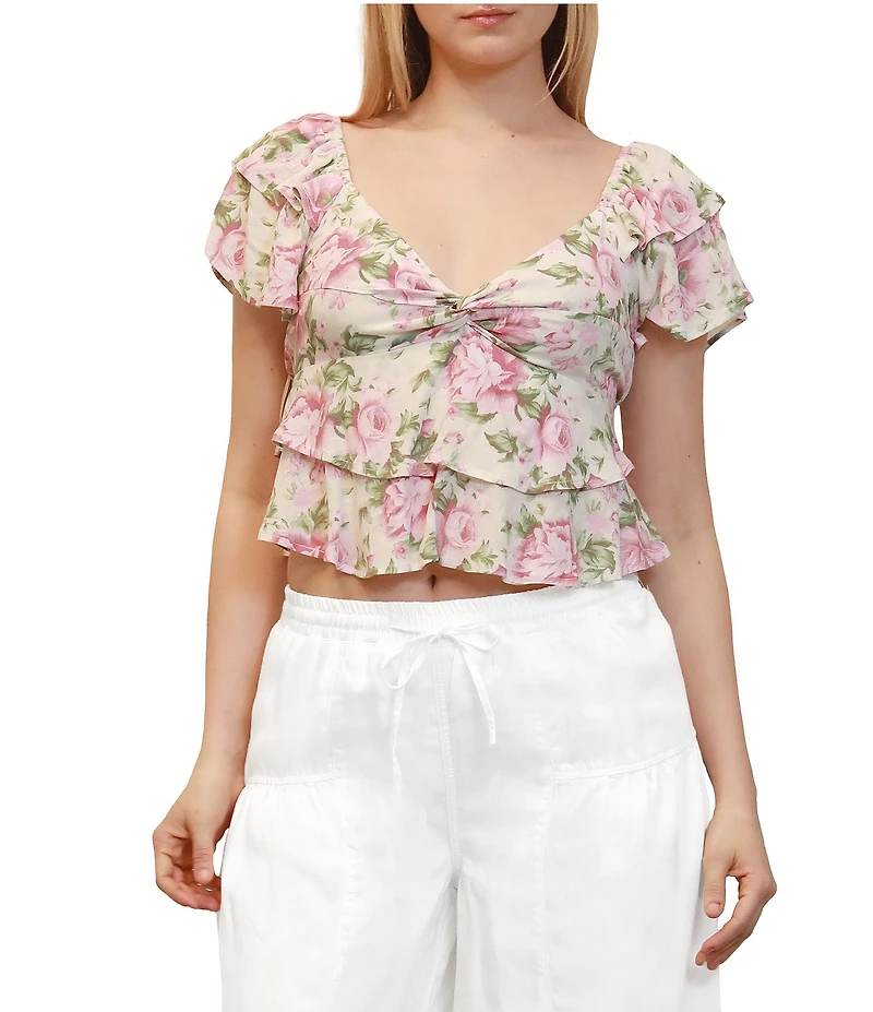Stevie by Steve Madden Floral Printed Twist Front Ruffle Crop Top