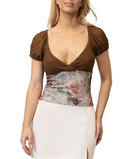 Stevie By Steve Madden Lace Floral Print Surplus Neck Cap Sleeve Top
