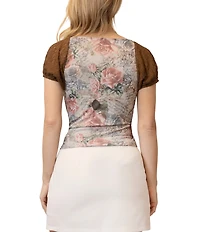 Stevie By Steve Madden Lace Floral Print Surplus Neck Cap Sleeve Top