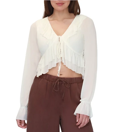Stevie By Steve Madden Long Sleeve Tie Front Ruffle Top
