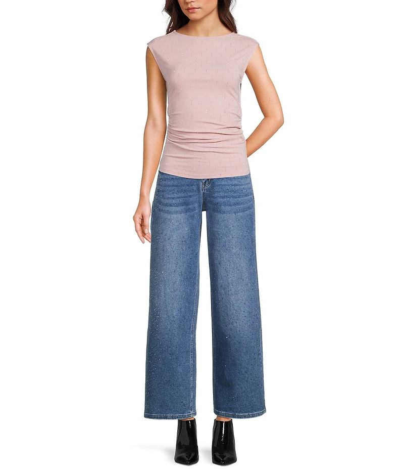 Stevie by Steve Madden Lucy Rhinestone-Embellished High Rise Wide Leg Jeans