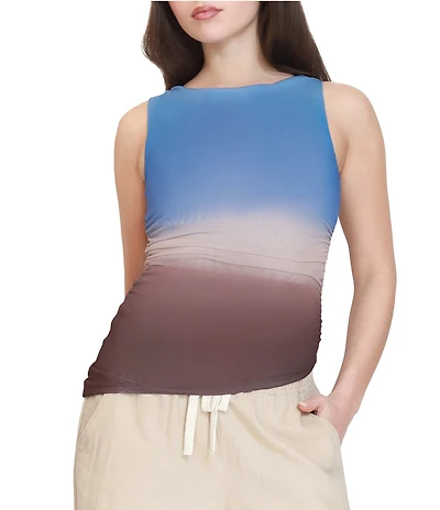 Stevie by Steve Madden Mesh Color Block Ruched Asymmetrical Hem Tank Top