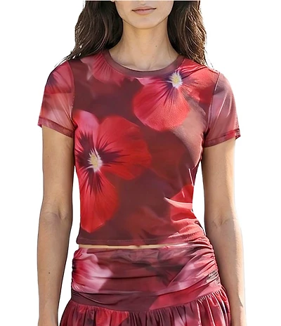 Stevie By Steve Madden Mesh Crew Neck Printed Coordinating Short Sleeve Tee