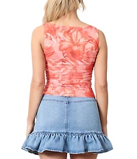 Stevie by Steve Madden Mesh Floral Print Boat Neck Ruched Tank Top