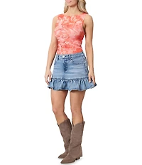 Stevie by Steve Madden Mesh Floral Print Boat Neck Ruched Tank Top