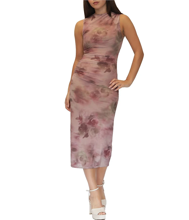 Stevie By Steve Madden Mesh Floral Printed Mock Neck Side Ruched Midi Dress
