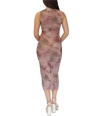 Stevie By Steve Madden Mesh Floral Printed Mock Neck Side Ruched Midi Dress