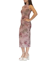 Stevie By Steve Madden Mesh Floral Printed Mock Neck Side Ruched Midi Dress