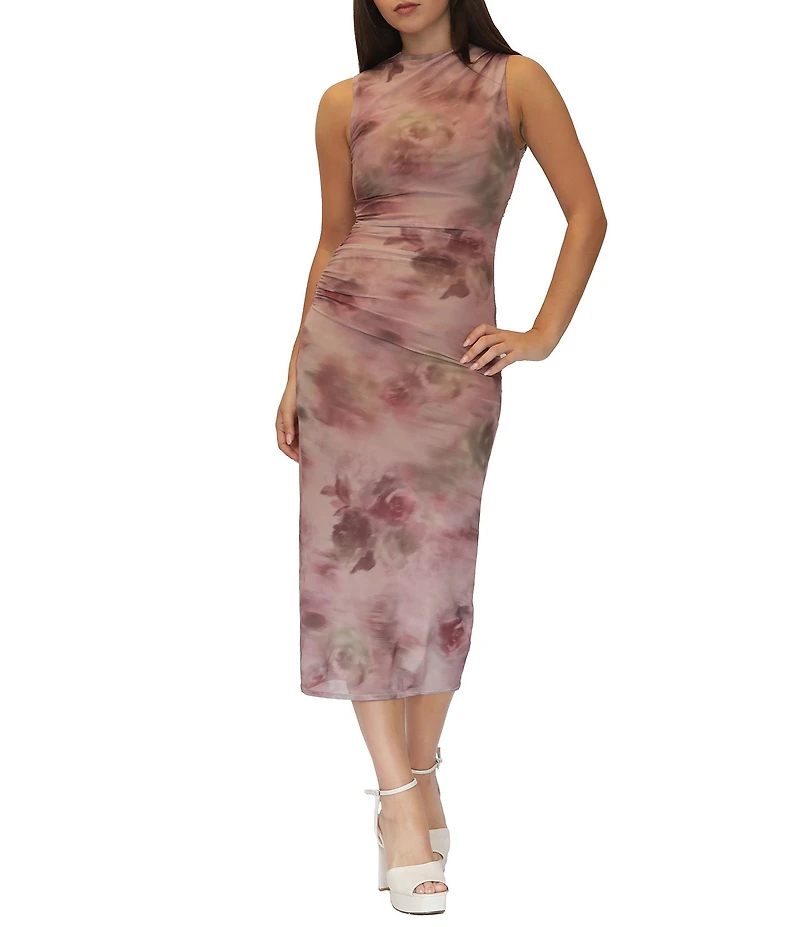 Stevie By Steve Madden Mesh Floral Printed Mock Neck Side Ruched Midi Dress
