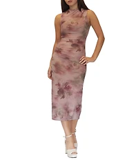 Stevie By Steve Madden Mesh Floral Printed Mock Neck Side Ruched Midi Dress