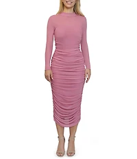 Stevie By Steve Madden Mesh Mock Neck Long Sleeve Ruched Midi Dress