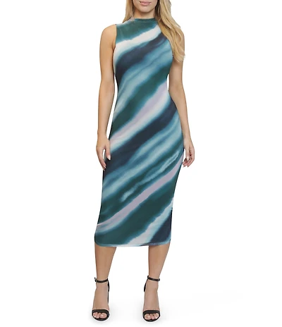 Stevie By Steve Madden Mesh Sleeveless Stripe Funnel Neck Midi Dress