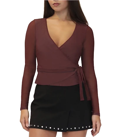 Stevie By Steve Madden Mesh V-Neck Long Sleeve Wrap Tie Front Top