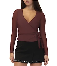 Stevie By Steve Madden Mesh V-Neck Long Sleeve Wrap Tie Front Top