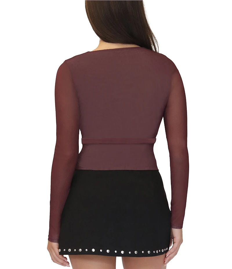 Stevie By Steve Madden Mesh V-Neck Long Sleeve Wrap Tie Front Top