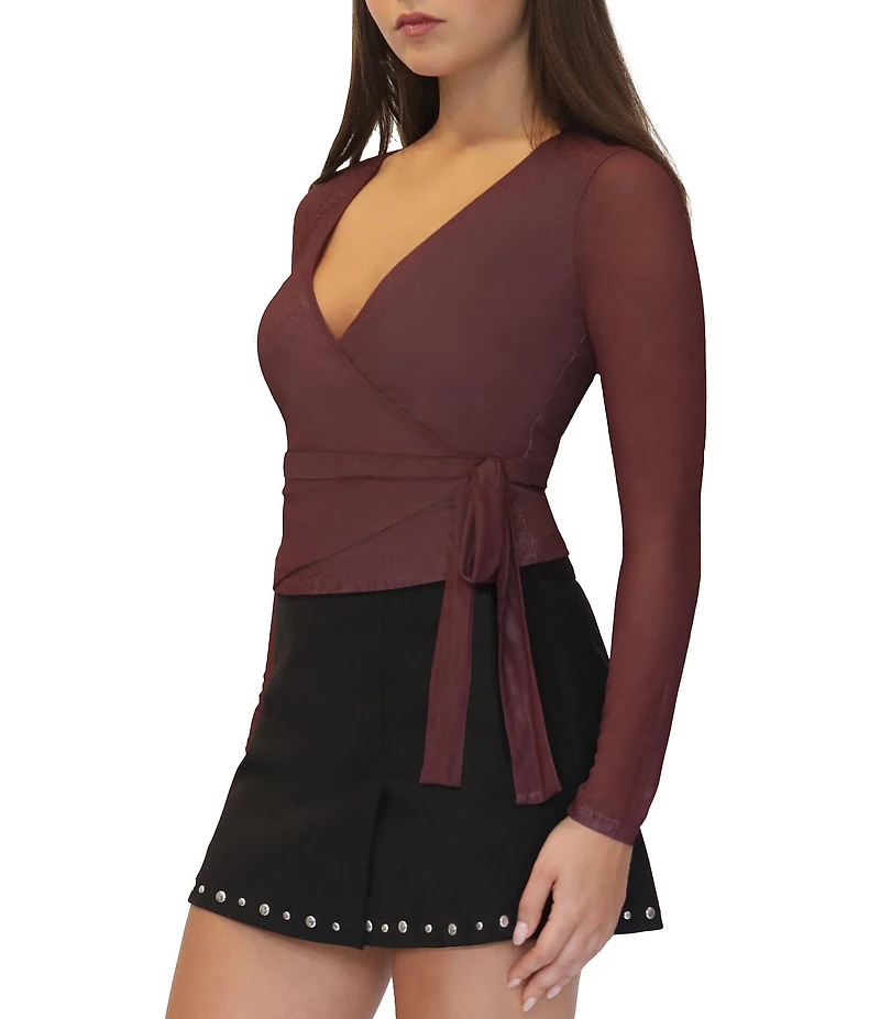 Stevie By Steve Madden Mesh V-Neck Long Sleeve Wrap Tie Front Top
