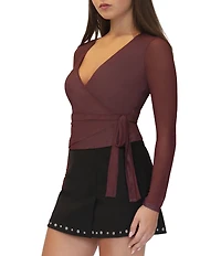 Stevie By Steve Madden Mesh V-Neck Long Sleeve Wrap Tie Front Top