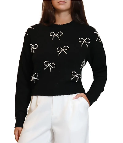 Stevie by Steve Madden Pearl Bow Embellished Long Sleeve Sweater