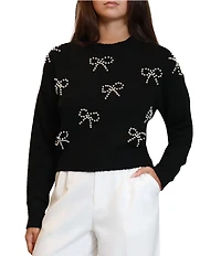 Stevie by Steve Madden Pearl Bow Embellished Long Sleeve Sweater