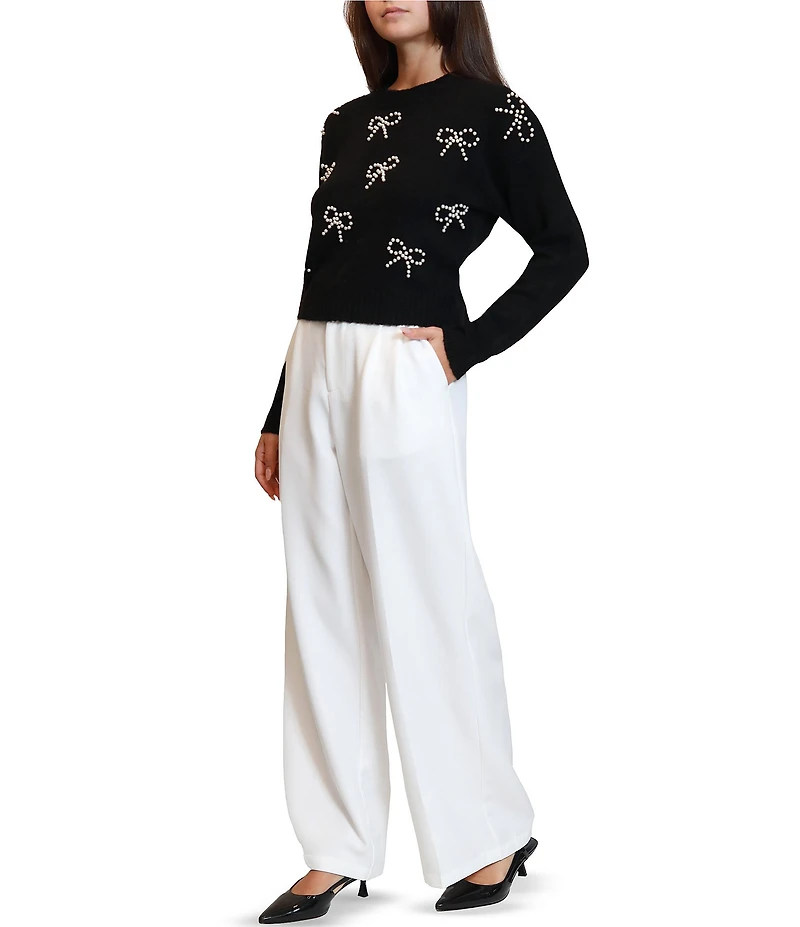 Stevie by Steve Madden Pearl Bow Embellished Long Sleeve Sweater
