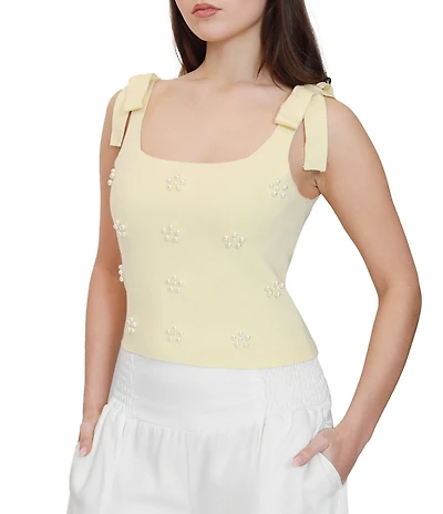 Stevie by Steve Madden Pearl Embellished Square Neck Tie Shoulder Tank Top