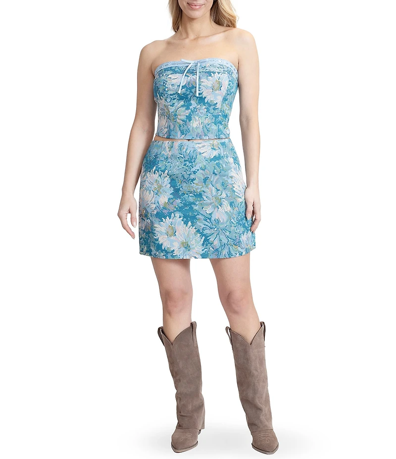 Stevie by Steve Madden Printed Brocade Lace Corset Strapless Top