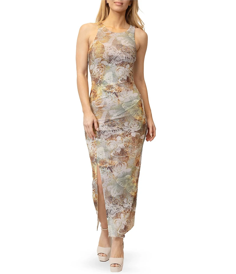 Stevie By Steve Madden Printed Crew Neck Sleeveless Ruched Side Slit Midi Dress